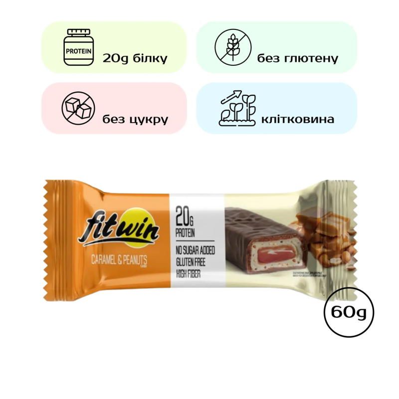 Протеїновий батончик, FitWin - 60g Caramel Peanuts